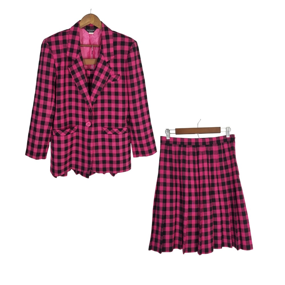 VTG Chad Stevens Pink Black Buffalo Check Skirt Suit Set Clueless 10/12